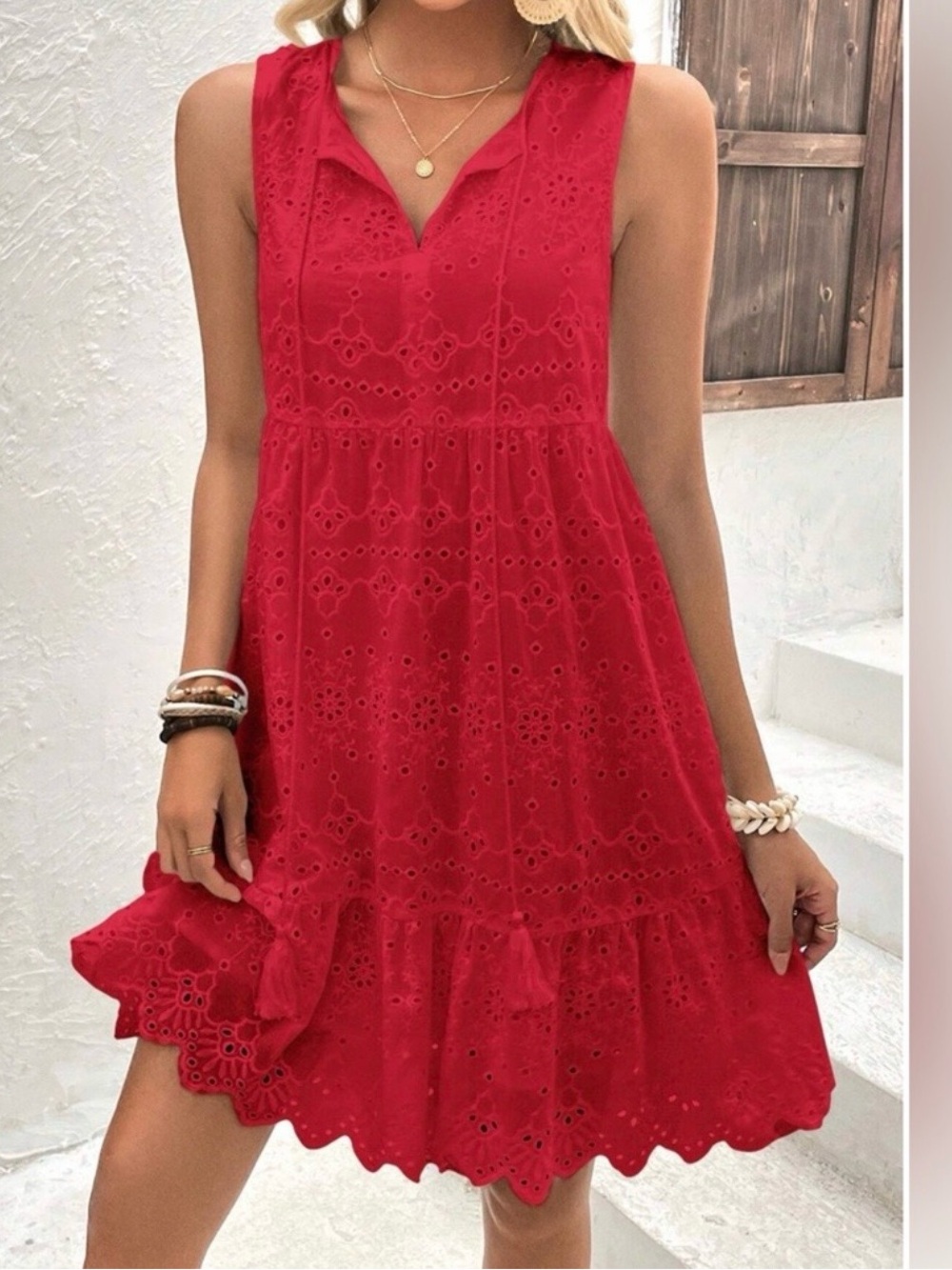Sleeveless Red Eyelet A-Line Dress